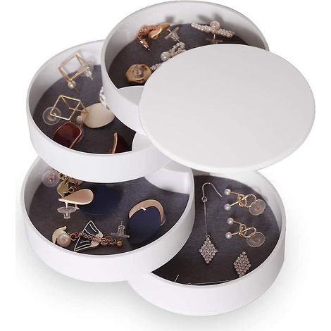 Boîte à bijoux à 4 compartiments avec porte-boucles d'oreilles pour femmes et enfants - Plateau de voyage rond blanc pour bracelets, bagues et colliers (1/5)