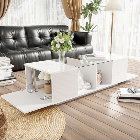 Mesa de centro 120x50x38.5 cm blanca en vidrio, MDF y aglomerado con LED y almacenaje (1/5)