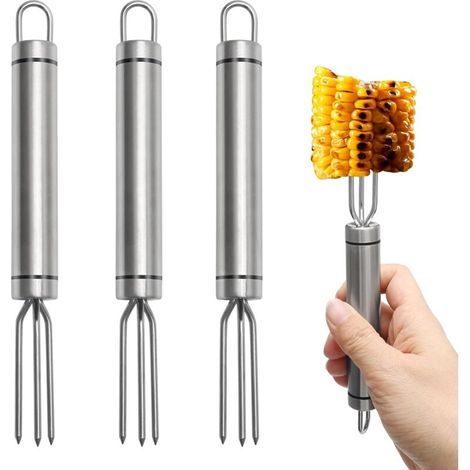 Fourchettes à pommes de terre à 3 dents, fourchettes à maïs réutilisables, fourchettes à maïs en acier inoxydable pour les repas, un usage quotidien, les barbecues et les pique-niques (1/4)