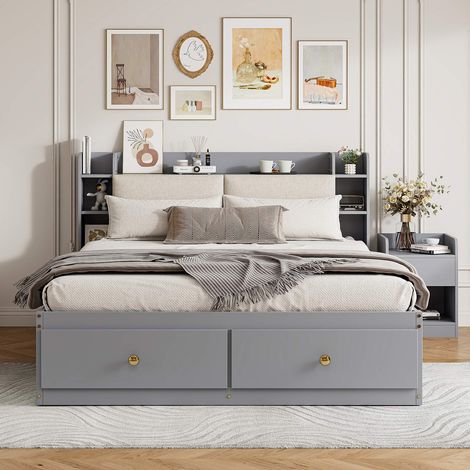 Lit double 140x200 cm en bois avec sommier à lattes inclus, tête de lit avec rangements, tiroirs, banquette et table de chevet, sans matelas