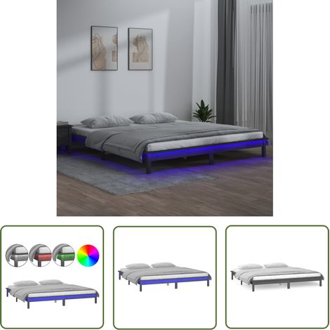 Lit adulte pour 2 personnes, Structure de lit, Assemblage Facile, à LED Gris 140x190 cm Bois massif OIB3547E (1/5)