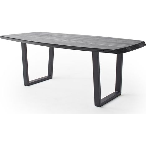 Table de salle à manger rectangulaire en bois d'acacia coloris gris, pieds en métal peint anthracite - longueur 220 x hauteur 77 x profondeur 100 cm (1/3)