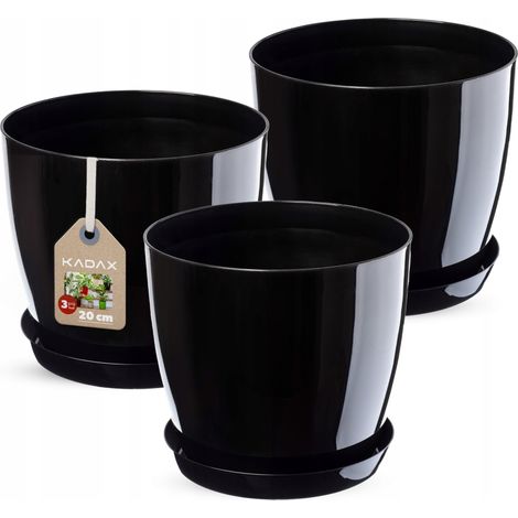 KADAX Lot de 3 pots de fleurs avec soucoupe, bac à fleurs rond en plastique pour l'intérieur et plantes d'intérieur (lot de 3 - 20 cm, noir) (1/4)