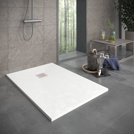 Receveur de douche 80x150 cm extra plat en résine minérale SIERRA blanc Grille inox (1/5)