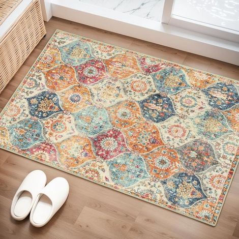 Tapis lavable à motif treillis marocain. 60 x 90 cm. pour cuisine. entrée. salle de bain. paillasson d'intérieur antidérapant. ultra fin. couleur crème/multicolore (1/5)