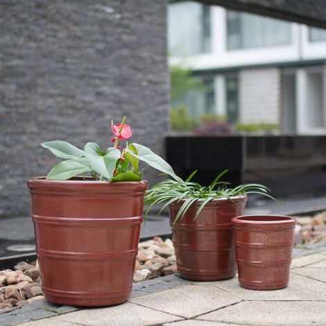 Set di vasi da giardino in ceramica fatti a mano - 3 pezzi (Ø 40,5/32/24 cm), lucido marrone rossiccio con struttura a righe orizzontali, traspirante, resistente al gelo, con fori di drenaggio per gia (1/5)