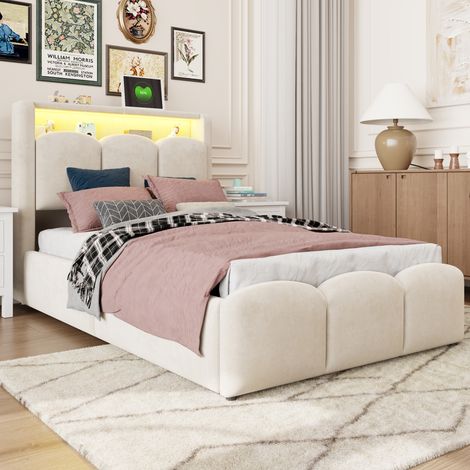 Cama tapizada 90 x 200 cm de terciopelo con arcón hidráulico, LED, USB y USB-C, beige (1/5)