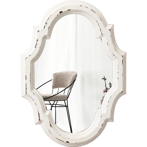 Petit Miroir Mural avec Cadre en Bois 28 x 20 cm, Blanc Vieilli, Vintage Ovale Miroir Mural Design pour Salle de Bain, entrée, Salon, Chambre (1/5)