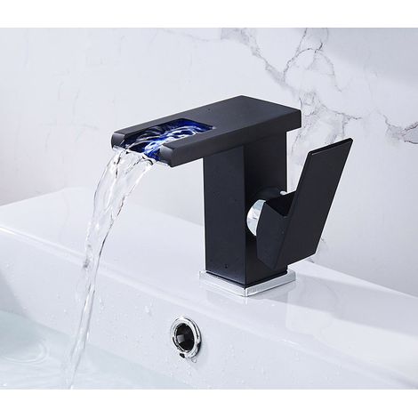 Mitigeur De Salle De Bains RVB Changement De Couleur Cascade Robinet De Lavabo De Lavabo Mitigeur Mitigeur De Toilette - Noir Court (1/5)