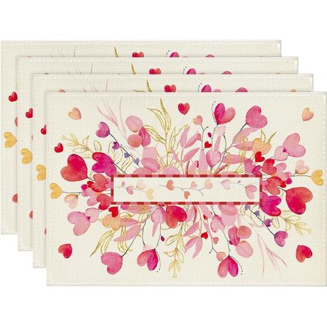 4 sets de table réutilisables en lin, 30x45 cm, motif cœur et mots 'LOVE' / 'KISS', pour décoration Saint-Valentin, intérieur et extérieur (1/5)