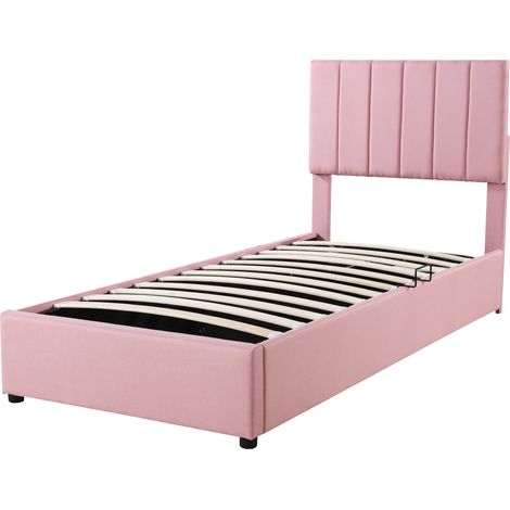 Cama tapizada 90x200 cm con almacenaje hidráulico y cabecero regulable, rosa (1/5)