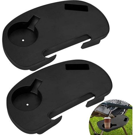 Porte-gobelet, lot de 2 plateaux de chaise, tables d'appoint, support pour téléphone portable avec pince pour chaises de pêche, chaises longues, chaises de camping, transats de jardin, chaises de plag (1/5)