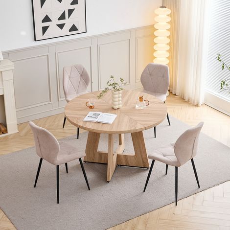 Wokaka Lot table et chaise - table ronde 120cm en MDF(Marron clair) avec 4 chaises de salle à manger (beige) – Conception ergonomique