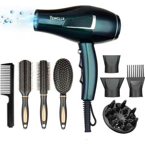 Sèche-cheveux ionique Salon de séchage rapide 2100W 2 concentrateur 4 peignes 1 diffuseur Salon familial Sèche-cheveux à friser avec bouton froid (Vert) (1/5)