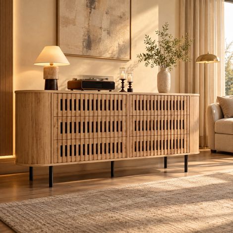 Credenza 160 x 40 x 70 cm con 6 cassetti, design a lamelle, MDF, naturale OKMYHOME (1/5)