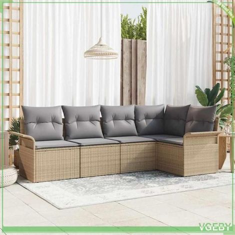 Ensemble canapé de jardin 5 pcs - FAFEICY - Modulaire - Beige - Poly rotin - Rangement intégré (1/5)