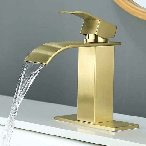 Robinet de salle de bain à bec cascade doré, mitigeur monotrou à poignée unique. Avec plaque de pont, design élégant, facile à installer et à utiliser pour tout lavabo.