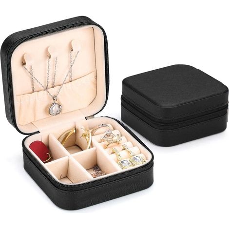 Petite boîte à bijoux, mini organisateur de bijoux, boîte à bijoux de voyage, boîte de rangement portable pour boucles d'oreilles, colliers, bracelets (noir) (1/5)