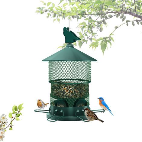 Mangeoire à oiseaux en métal résistant aux écureuils à suspendre avec une capacité de graines de 1,8 kg pour décoration extérieure de jardin, attire les oiseaux (1/5)