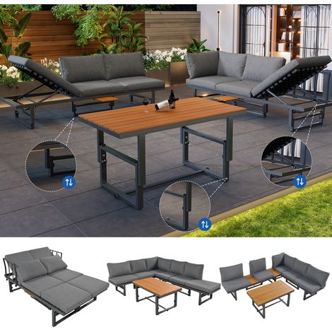 Set da giardino grigio, set da 3 pezzi con 2 divani, tavolo, struttura in ferro verniciato a polvere, schienale regolabile, legno di acacia, tavolo regolabile, inclusi tutti i cuscini di seduta e cusc