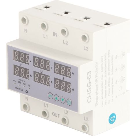 Voltmètre Ampèremètre Tripolaire Rail DIN Protection Sur/Sous-Tension et Surintensité AC 390-500V 63A (1/5)