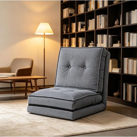 Fauteuil de sol inclinable en velours côtelé gris, dossier réglable sur 5 positions de 90° à 180°, pliable avec assise 59 cm, surface allongée 230 cm et charge 120 kg - CHICFURN (1/5)