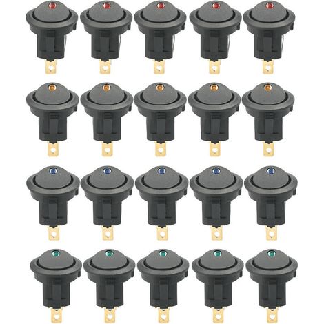 Interrupteur à bascule rond unipolaire unidirectionnel (lot de 20) 12 V CC 20 A avec voyants LED, pour la commande marche/arrêt des voitures, camions, quads et véhicules utilitaires.