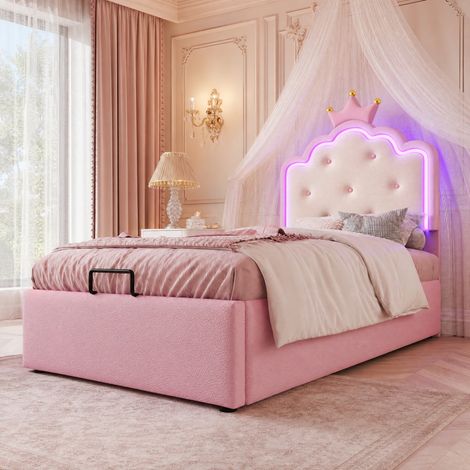 Letto imbottito 90x200 cm rosa in PU con luci LED telecomandate e vano contenitore (1/5)