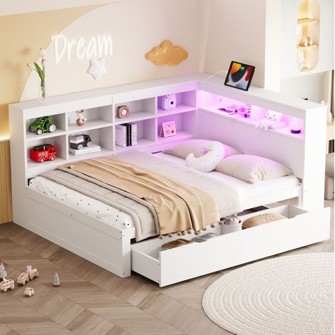 CHICFURN Letto matrimoniale 140x200 cm bianco in legno con contenitore, USB e LED (1/5)
