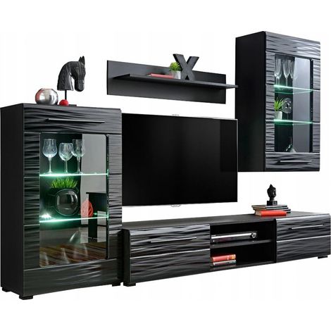 Dusine – Ensemble TV MADMAX Noir laqué effet 3D avec LED – Meuble bas 180 cm – Vitrine suspendue LED 60 cm – Rangement moderne et élégant (1/4)
