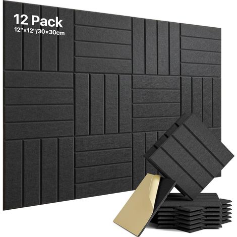 Panneaux Acoustiques Autocollant Noir Lot de 12 Pièces en Polyester, Isolation Acoustique, Absorbeur Acoustique, pour Traitement Acoustique et Décoration Murale 30×30×0,9cm (1/5)