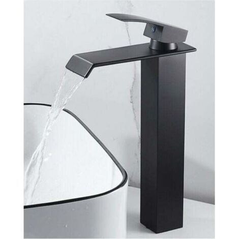 Robinet noir haut pour lavabo, robinet monoforat moderne et design en laiton massif brossé mat, idéal pour salle de bain (1/4)