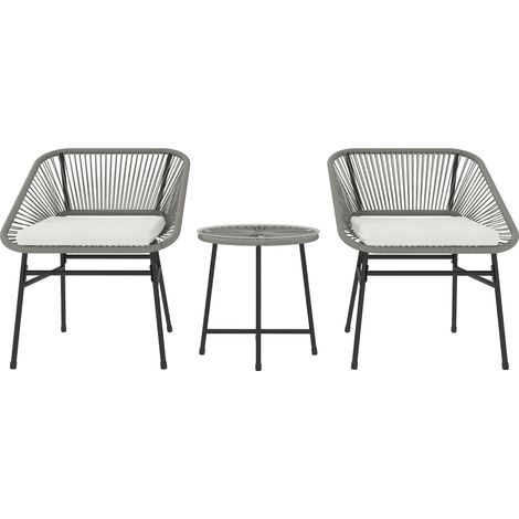 3-teiliges Gartenmöbelset, bestehend aus einem Tisch und zwei Rattanstühlen mit Stahlgestell und Glasplatte, dunkelgrau