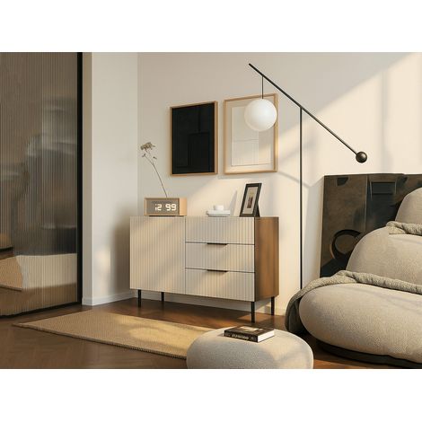 Aparador Grado, aparador de salón con una puerta abatible y tres cajones, elevado del suelo, 104x42 h75 cm, nogal y beige (1/5)