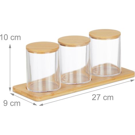 Set di 3 barattoli di conservazione trasparenti per bagno e toeletta con ripiano, finitura moderna in bambù chiaro 130014516