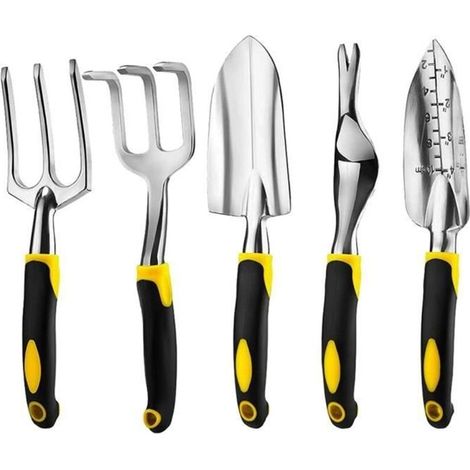 Gardening Tools Kit: Spade Rake Set, Aluminum Alloy Garden Drafter with Yellow Plastic Handle, 5pcs (1/4)