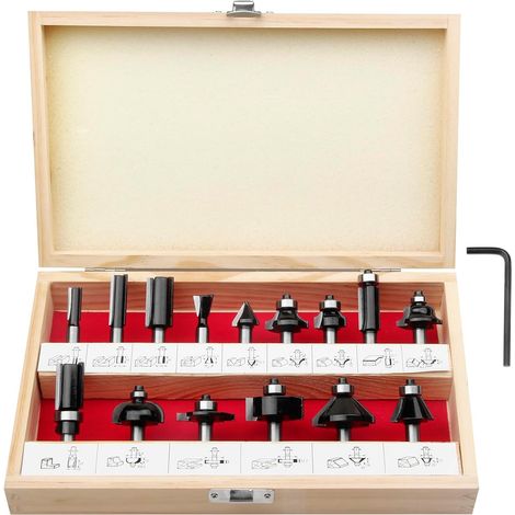 Pro 15tlg. Fräser Set für Holz - Hartmetall Fräsersatz, Zubehör Oberfräsen mit 8mm Schaft, in Robuster Holzbox. (1/5)