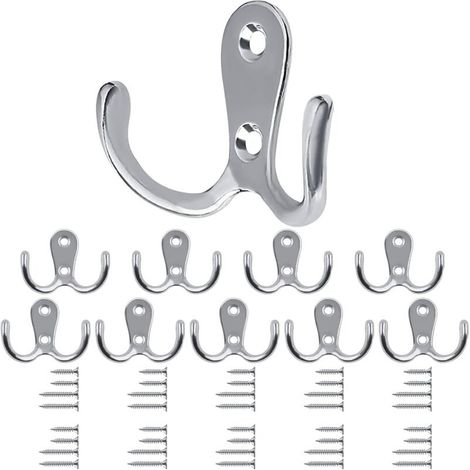 Set of 10 silver coat hooks - Vintage double hooks - Retro metal screw-in wall hooks for kitchen, bathroom, wall (1/5)