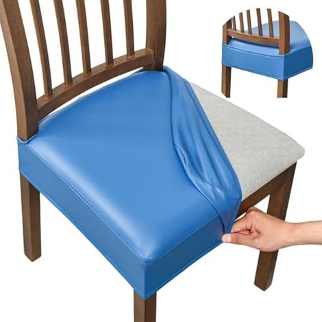 FUANGUI Lot de 4 housses de chaise de salle à manger en cuir synthétique, imperméables, douces, amovibles et lavables, housses de siège de chaise de cuisine, en polyuréthane, bleu marine (1/5)