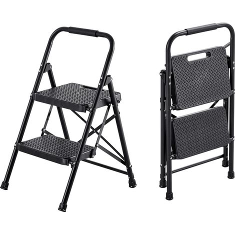 Escabeau 2 Marches Pliable avec Large Marche Antidérapante et Poignée Confort, Acier Léger Capacité 272 kg, Usage Multiples Maison Cuisine Bureau, Noir (1/5)