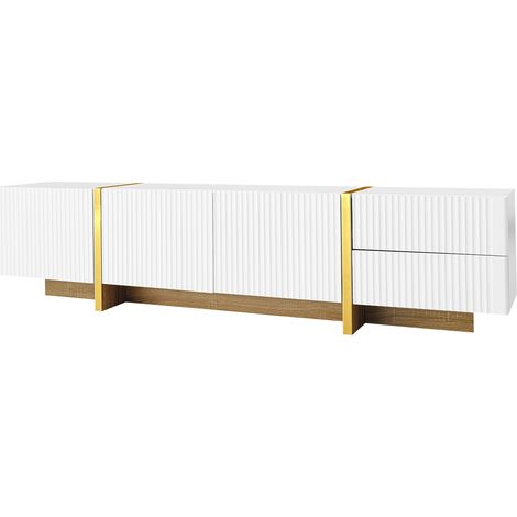TV-Lowboard 190 cm mit 3 Türen und 2 Schubladen, Weiß mit Gold- und Holzmaserungsdetails (1/5)