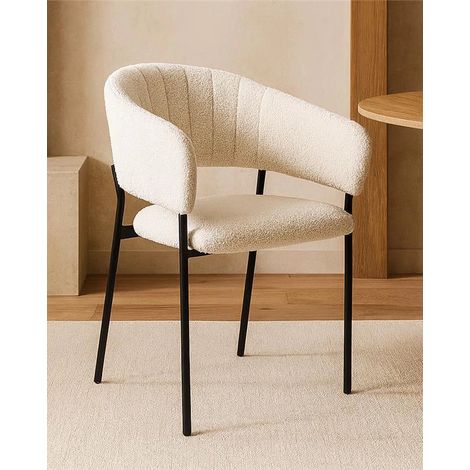 Exagonshop Sedia con braccioli in tessuto boucle imbottito bianco