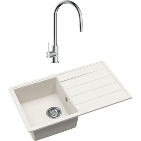 Swiss Aqua Technologies Lavello 76x44 cm con scolapiatti reversibile in granito da colare + miscelatore con doccetta a 2 getti, bianco (SATSINKGE3W-SET1