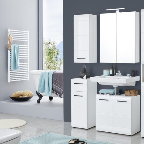 Badezimmer Kombination mit LED Aufsatzleuchte LISBOA-19 in Weiß Hochglanz, B/H/T: ca. 115/182/31 cm (1/5)