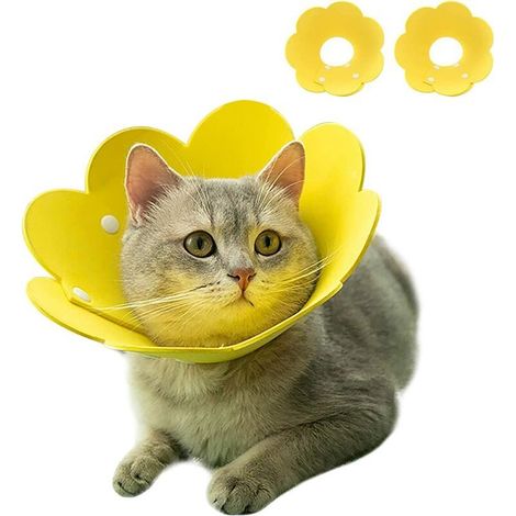 Colliers pour chat 2 pièces, colliers de récupération pour animaux de compagnie Cône anti-morsure Protection réglable Forme de motif de tournesol pour chien et chat (jaune), Ensoleillé (1/5)