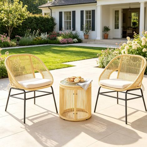 Ensemble de jardin extérieur 2 fauteuils et table ronde avec coussins beige (1/5)