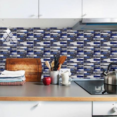Lot de 10 feuilles de carrelage adhésif bleu avec motif marbrecrédence cuisine en vinyle effet mosaïque 30 x 30cm (1/4)
