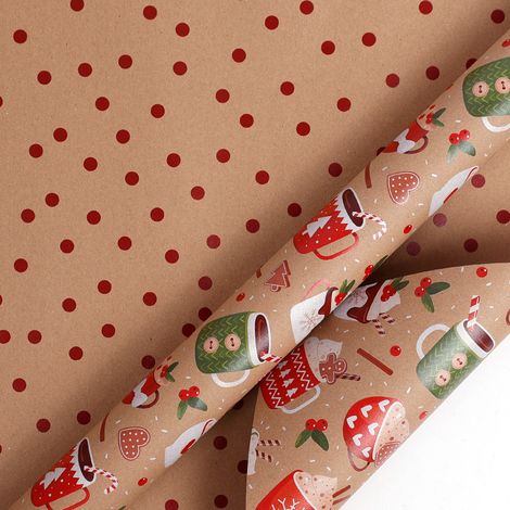 (0,43 x 10 mètres) Grand rouleau de papier cadeau de Noël, papier kraft vintage, impression recto verso.
