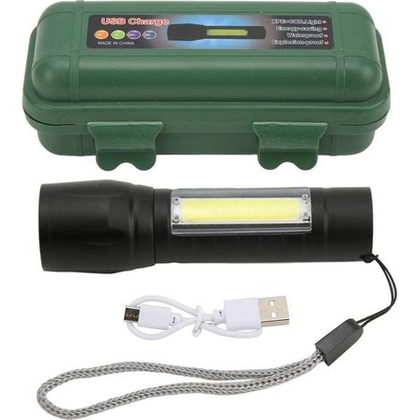 Lampe poche torche rechargeable USB – alliage aluminium – lanière – zoom COB – 6000K – camping (1/5)