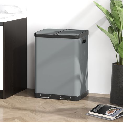 Poubelle à pédale double compartiment 2x30 L en métal gris avec couvercle OKWISH (1/5)